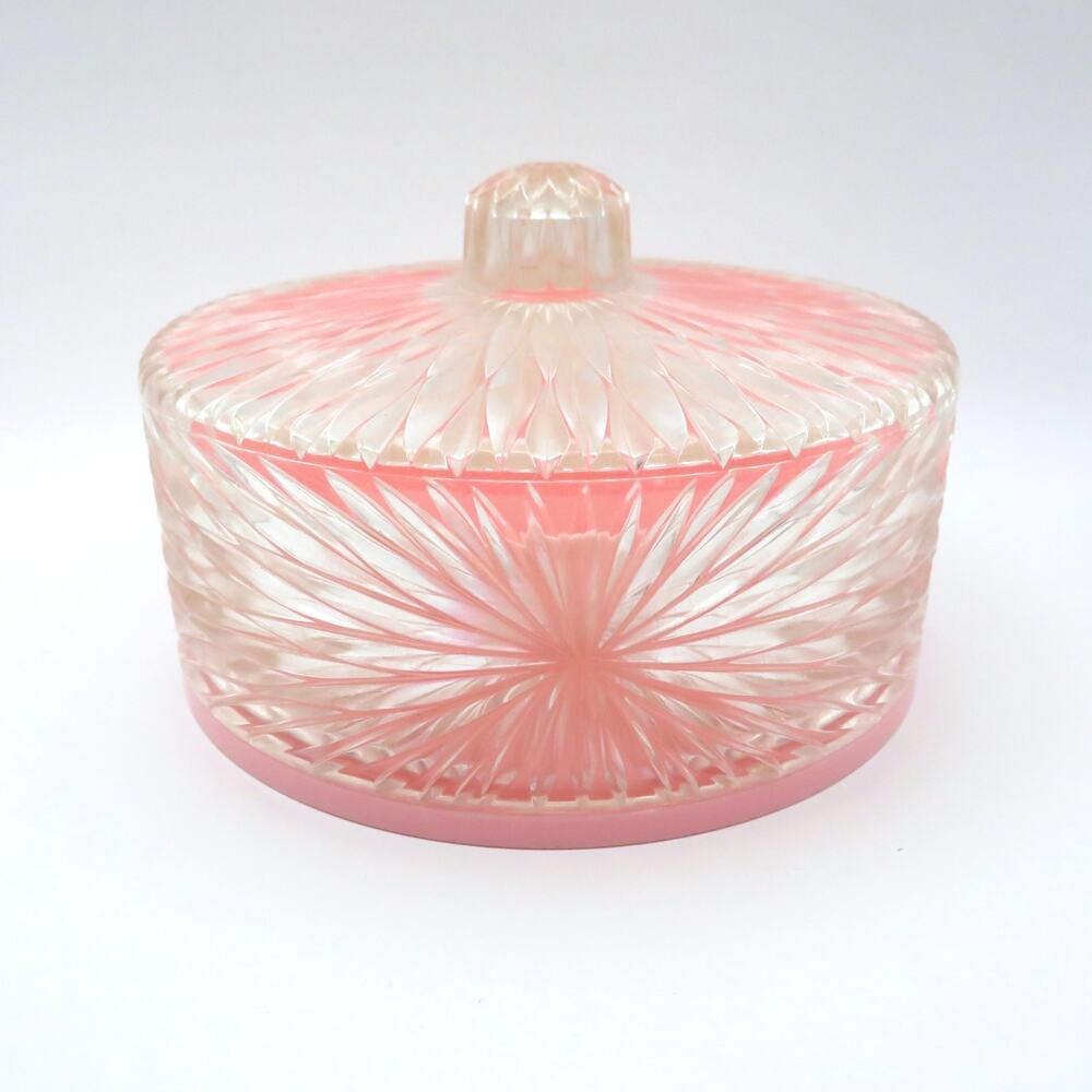 Vintage Pink Powder Puff Box, 1950s Celebrity Inc Lucite Vanity Jar Powder Box